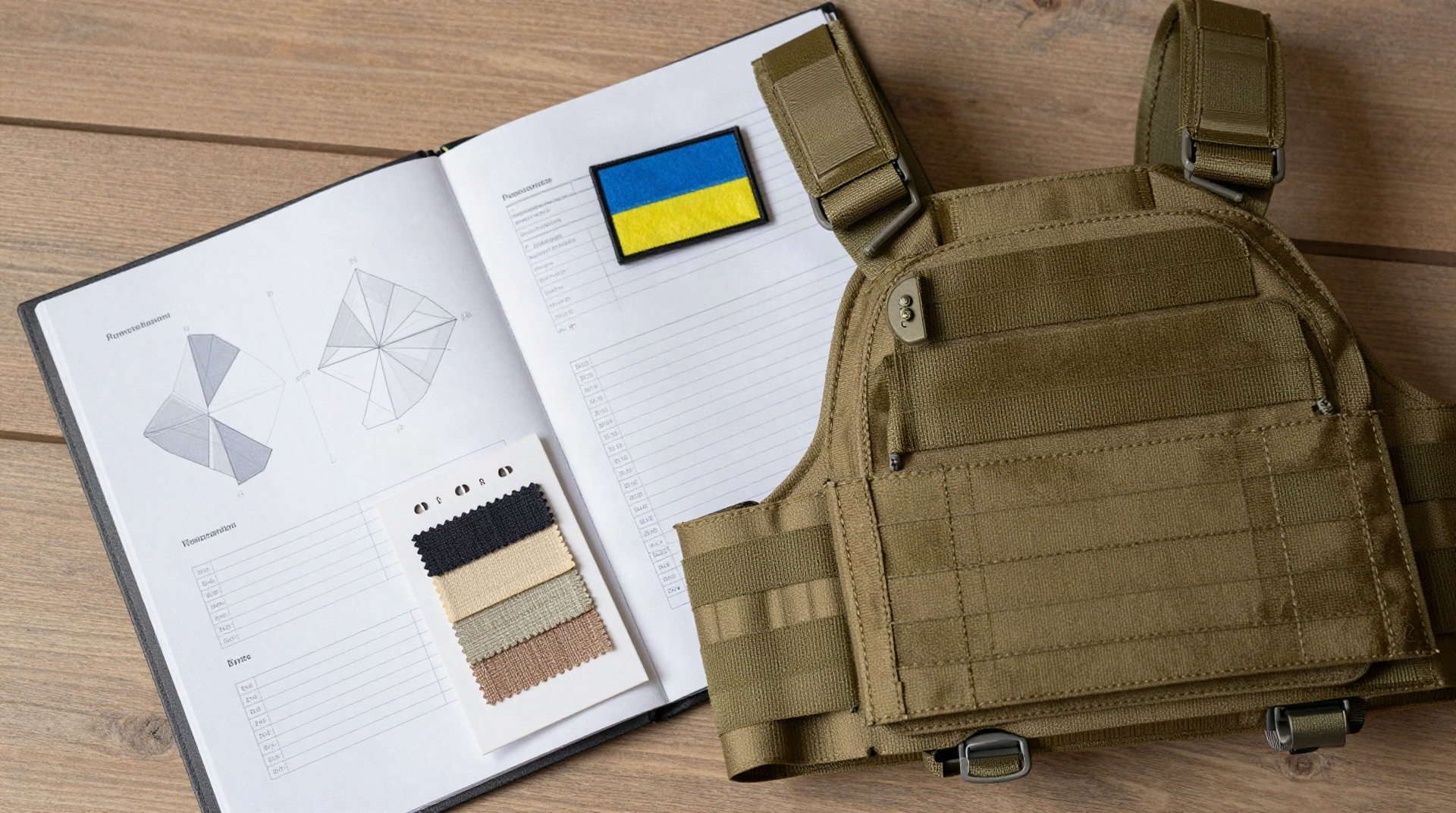 Папка з технічною документацією та зразок тактичного плитоноска на дерев'яному столі