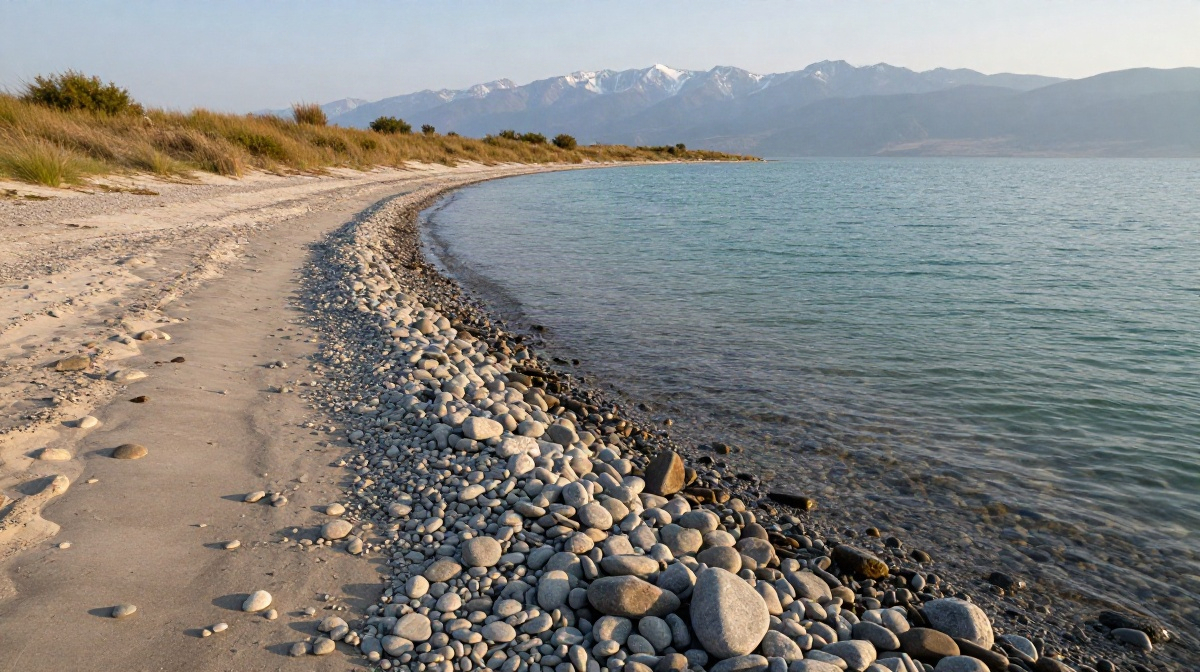 Песчано-галечный пляж на Иссык-Куле с плавным входом в воду и горами на горизонте