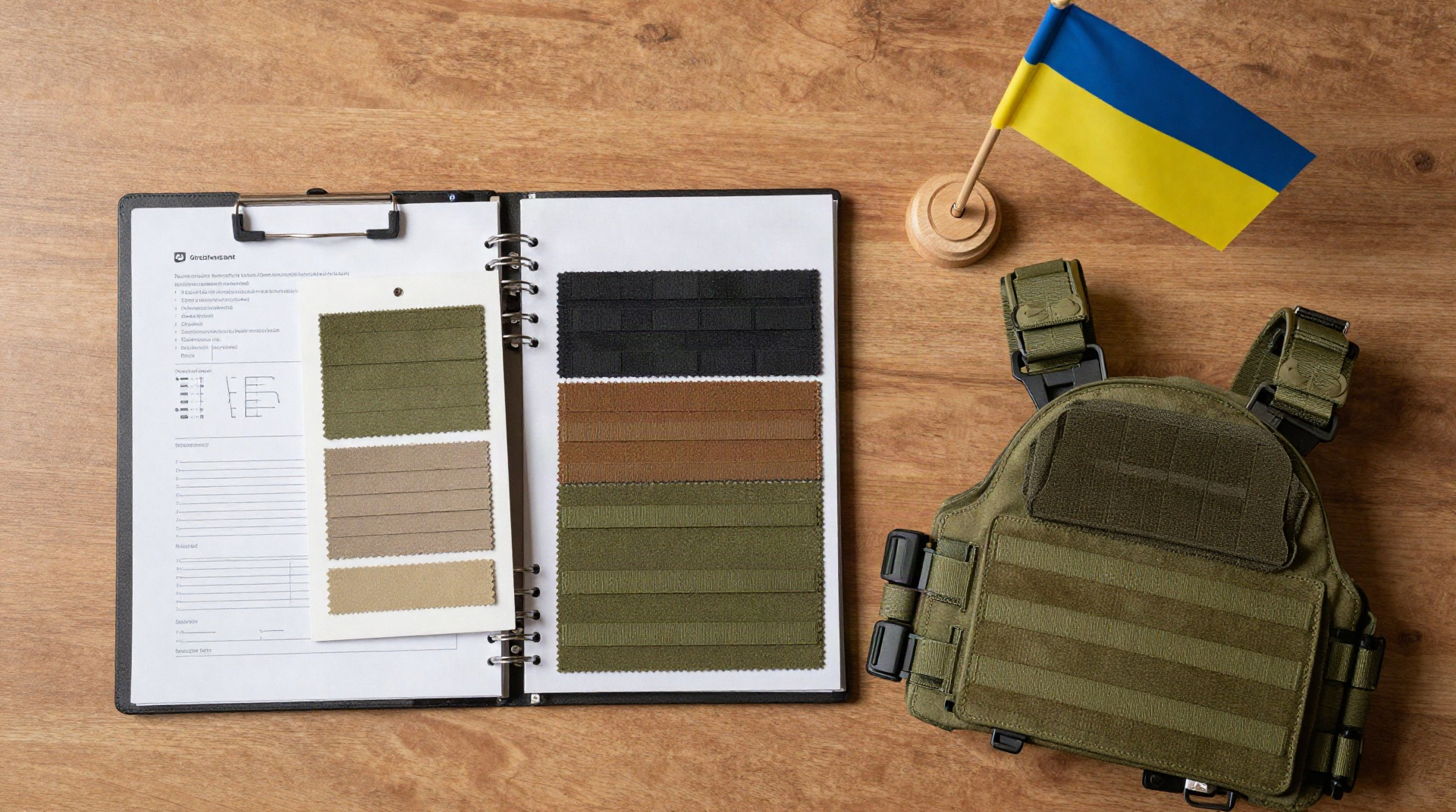 Папки з документами, картки зразків тканин і зразок плитоноски на дерев'яному столі