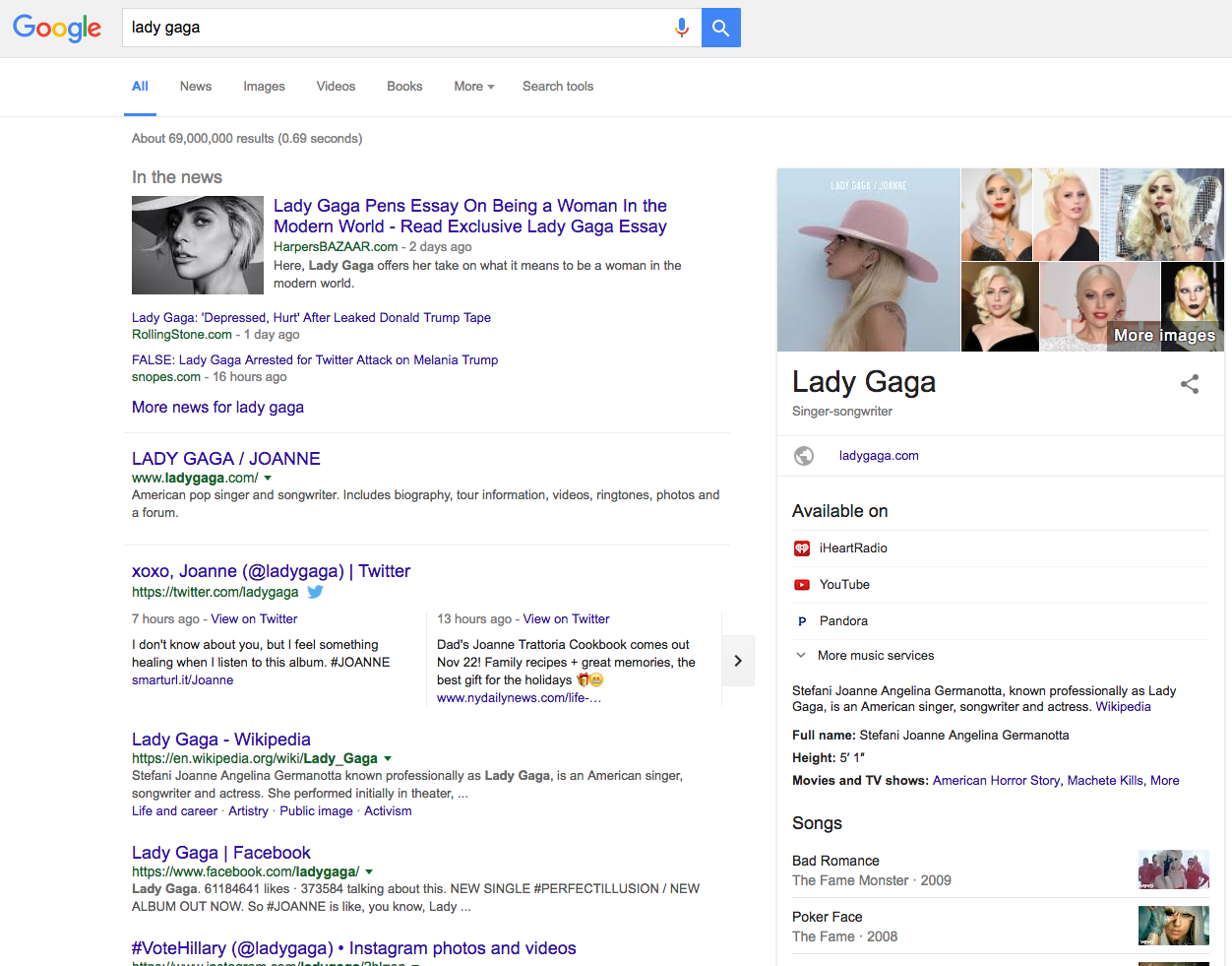 Например, рассмотрим термин «Lady Gaga» и введите его в Google: