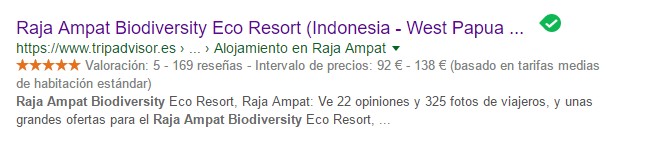 Если мы посмотрим на биоразнообразие курорта Раджа Ампат, то увидим, как Trip Advisor включает систему мнений, и, как видно, в поисковой системе мы можем увидеть ее оценку