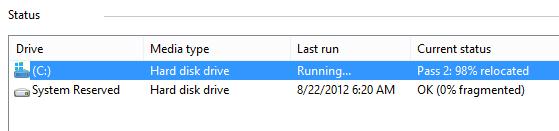 У Windows 8 існуе спецыяльнае заданне планавальніка, згодна з якім для кожнага з дыскаў штотыдзень запускаецца працэдура яго аптымізацыі (гэта адбываецца ў фонавым рэжым і карыстальнік запуск дэфрагментацыі і аптымізацыі дыска можа проста не заўважыць) дэфрагментацыі ў Windows 8 можна запусціць ўручную, націснуўшы ў акне кнопку Optimize